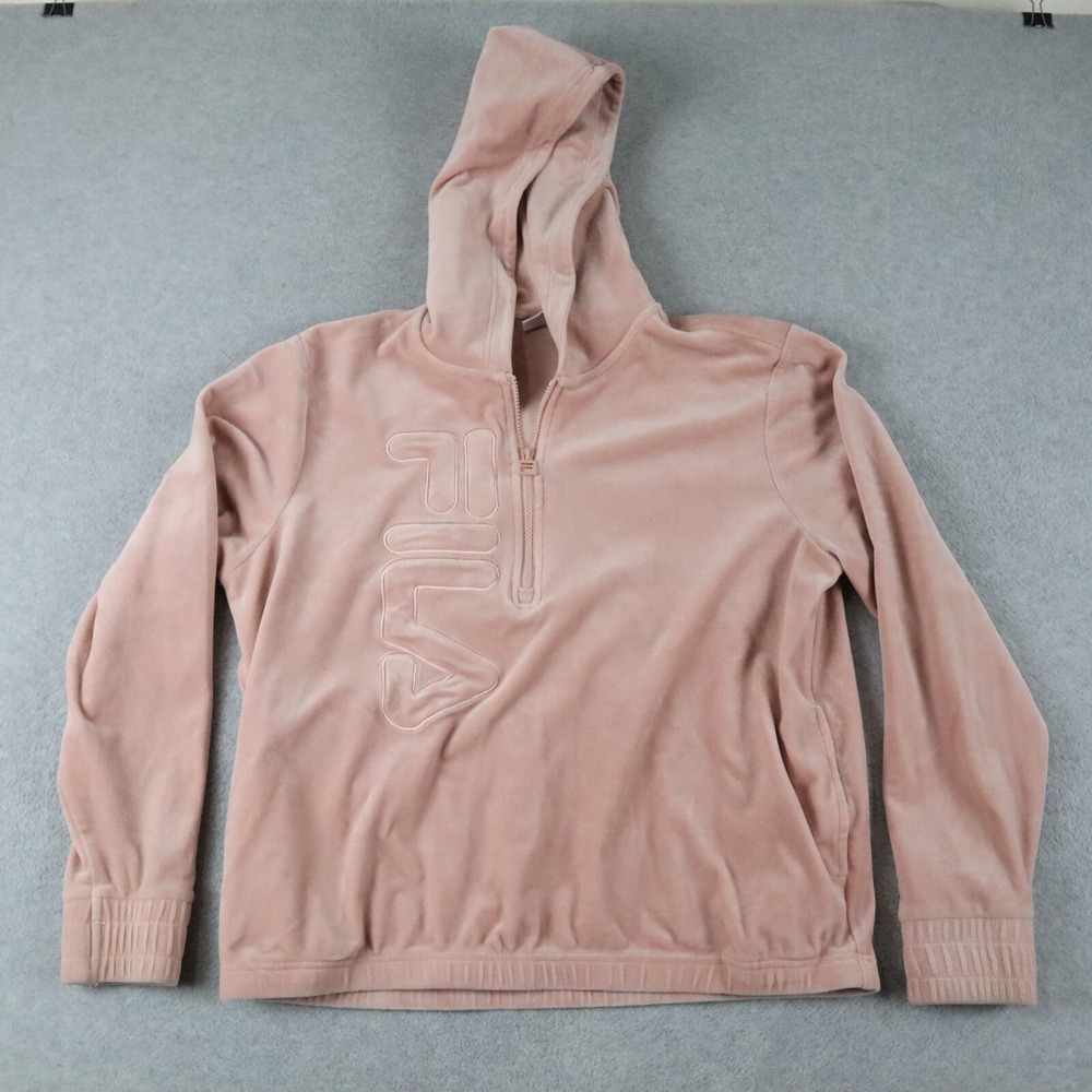 FILA Hoodie Womens XL 1/4 Zip Pullover Sweatshirt Soft Pink‎ Velour Long Sleeve